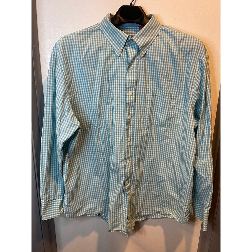 IZOD Button Down Shirt Mens 2XL Collar Logo Pocket Blue/Green Gingham Check L/S